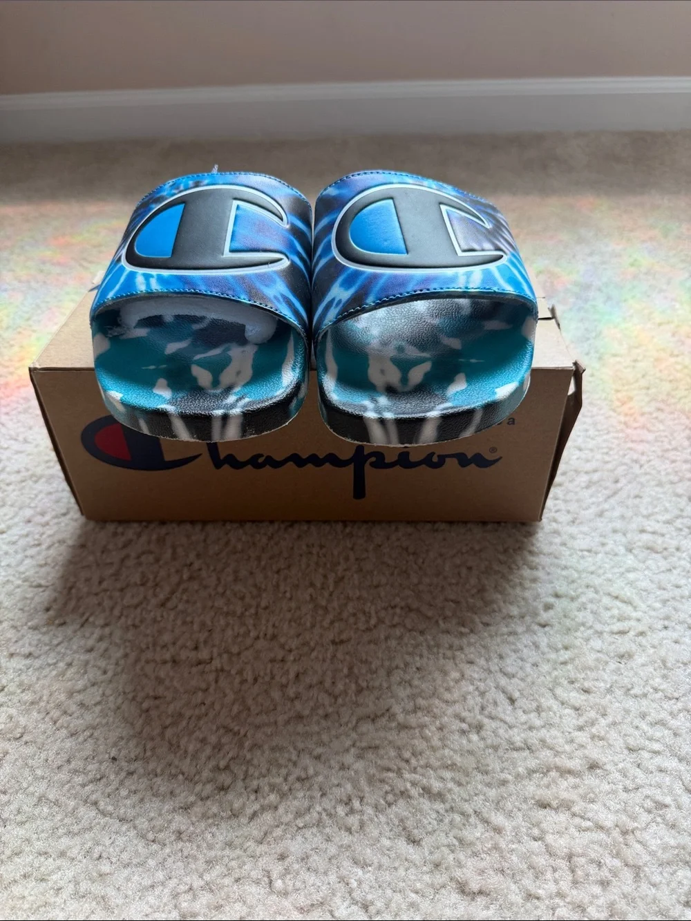 Champion Blue Tie-Dye Slide Sandals with Black Logo